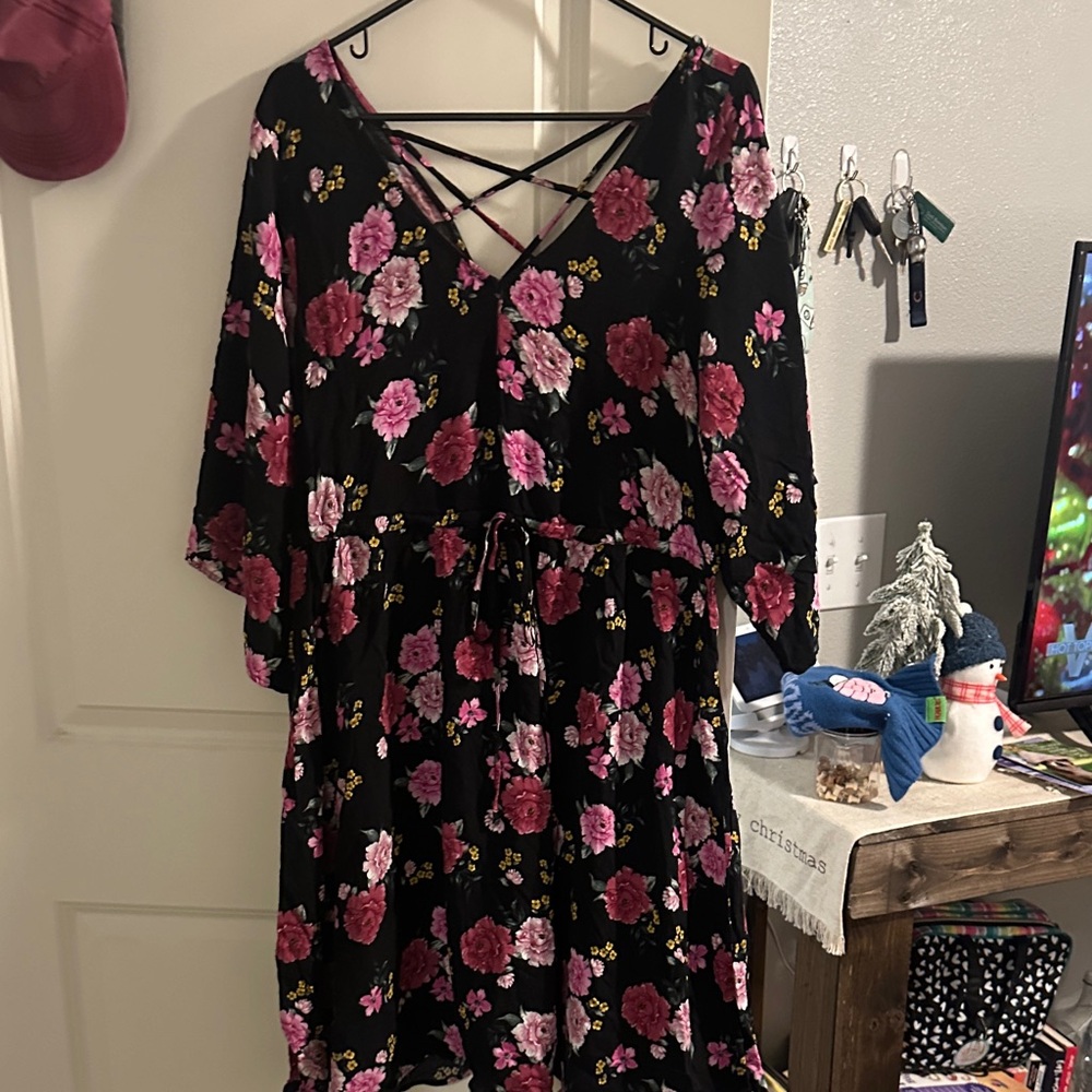 Torrid Black Dress with Pink and Yellow Floral Design